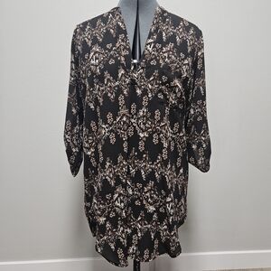 Lush Nordstrom Roll Tab Sleeve Tunic Blouse Black Brown Oversized Women's Small